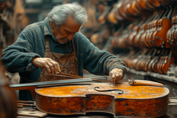 A musician crafting handmade instruments, combining skill with a love for music. Concept of artisanal creativity and musical passion. Generative Ai