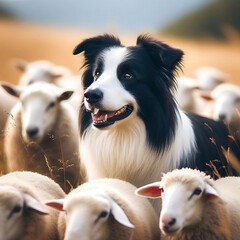 A border collie dog herding sheep in a field.