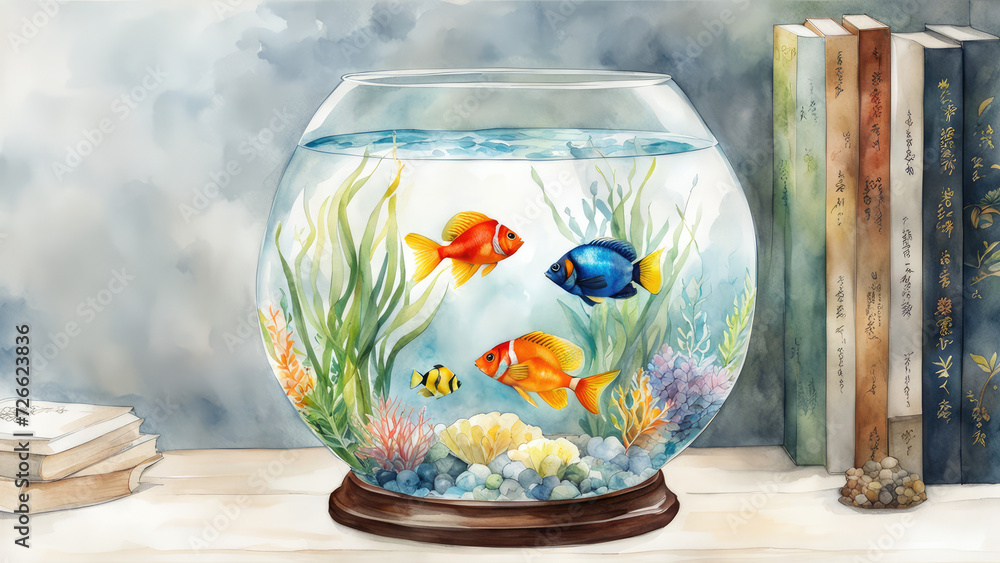 Poster Light watercolor glass fishbowl containing tropical fish white background. - Posters