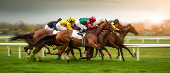 Thoroughbreds in a high-stakes race, a blur of speed and competition on the racetrack - obrazy, fototapety, plakaty