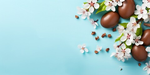 Fototapeta na wymiar Happy Easter! Colorful Easter chocolate eggs with cherry blossoms flat lay on blue background. Stylish tender spring template with space for text. Greeting card or banner Beautiful 