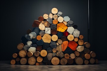 Chopped multicolored logs are stacked. A wall of firewood, a background of dry chopped firewood