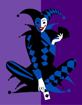 A blue Joker sitting cross-legged with playing cards in his hands on a purple background. Vector illustration in minimal art and flat design style