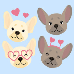 Fototapeta premium Set of French bulldog heads with heart-shaped glasses and headband with hearts for Valentine's Day