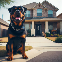A rottweiler dog guarding a house in a suburban neighborhood.