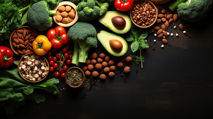 Fototapeta na wymiar Healthy plant based food, foods for lowering cholesterol, portfolio diet products, top view copy space