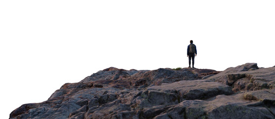 Adventure Man Hiker standing on top of Rocky Mountain Peak. Cutout on White Background. 3d...