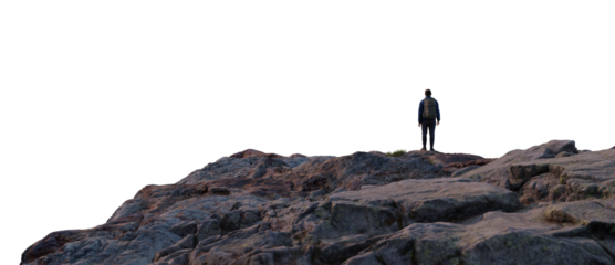 Adventure Man Hiker standing on top of Rocky Mountain Peak. Cutout on White Background. 3d Rendering.