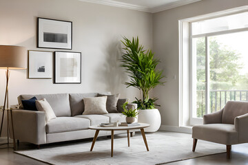 beautiful new modern living room indoor area, living room, indoor area, modern sofa, living room indoor area, small book holder table,  indoor plant ,isolated white color mix wall