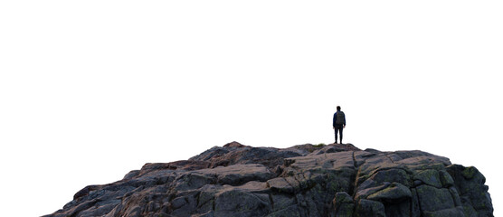 Adventure Man Hiker standing on top of Rocky Mountain Peak. Cutout on White Background. 3d...