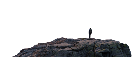 Adventure Man Hiker standing on top of Rocky Mountain Peak. Cutout on White Background. 3d Rendering.