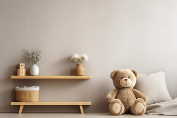 Kids room interior mockup, empty neutral wall for your text, wooden shelf and stuffed toy