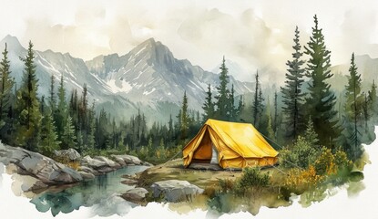 Watercolor camp with a weathered tent in the foreground, with forest and mountains in the background