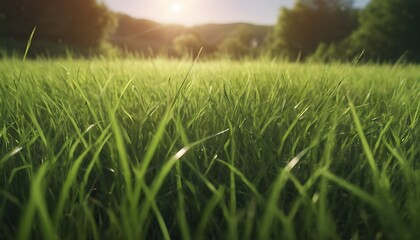 green grass with dew macro, sun rays over hills in the background 