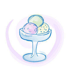 Delicate ice cream in glass vase. Three scoops of ice cream of different flavors, pastel colors. Creamy candy, decorated with vector watercolor. Doodle sketch illustration of sweet food.