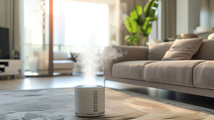 Air purifier and humidifier machine in the center of the living room.
