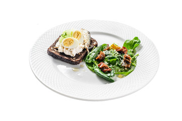 Sandwiches with sardines, egg, cucumber and cream cheese, salad garnish with spinach and dried tomatoes.  Isolated, Transparent background.