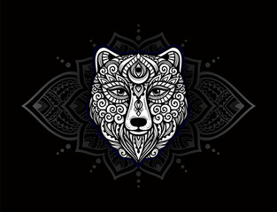 Fototapeta premium Bear mandala ornament. Vector illustration. Flower Ethnic drawing. Bear animal nature in Zen boho style. Coloring page black and white