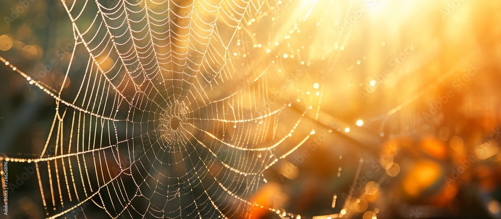 Poster sunlight illuminating a spider's web in a close-up view.