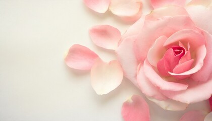Pétales de roses roses romantiques sur fond blanc. Posés à plat et vue de dessus avec un espace de copie
