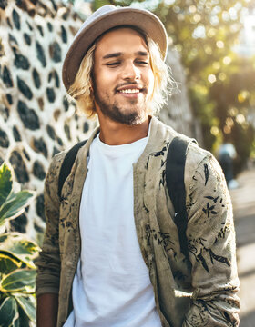 hipster, safaristyle, mann, model, leopprint, t-shirt, mockup, weiss, khaki, close up, h&uuml;bsch, sch&ouml;n, gr&uuml;n, urban, mauer, wand, baum