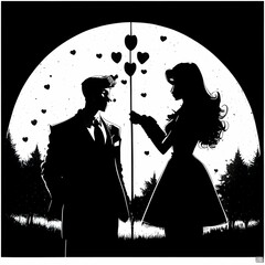 silhouette of bride and groom on the background of the moon, Valentine Day
