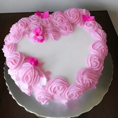 Cake with pink roses on a white background. Top view, Valentine Day, Anniversary