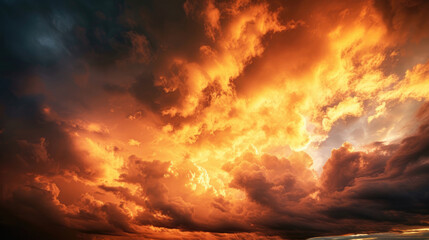 A stormy sky, where dark clouds meet the fiery hues of a setting sun