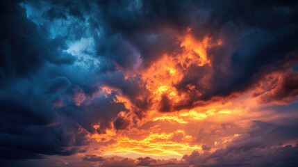Fototapeta na wymiar A stormy sky, where dark clouds meet the fiery hues of a setting sun
