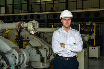 Portrait Caucasian robotic engineer man standing arm crossed working in robot inventory factory