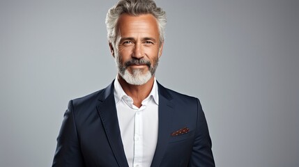 Charismatic senior businessman with a well-groomed beard, posing in a stylish suit against a grey background. Generative ai
