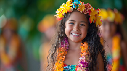 Fototapeta premium Young girl in traditional Hawaiian floral crown and lei garland during a performance.
