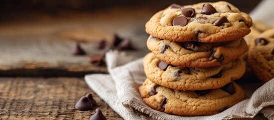 Stacked chocolate chip cookies photographed on a wooden background, up close with a napkin.