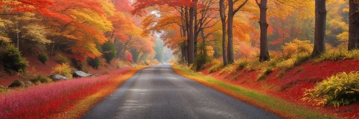 Foto op Plexiglas Colorful trees and footpath road in autumn landscape in forest. autumn colors in the forest. colorful leaves of autumn in nature. autumn season in japan. colorful forest landscape. Rural landscape. © Junaid