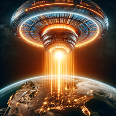 A futuristic and imaginative depiction of a colossal space heater replacing the sun providing warmth and light to Earth. 
