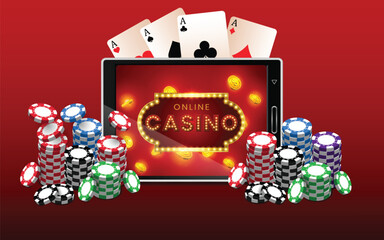 Online casino advertisement banner design template with tab, casino chips and poker cards