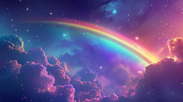 Neon Rainbow In The Clouds fantasy background illustration.