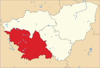 Red flat blank highlighted location map of the METROPOLITAN BOROUGH AND CITY OF SHEFFIELD inside beige administrative local authority districts map of South Yorkshire, England