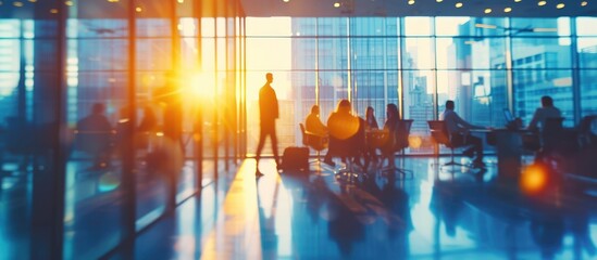 Obraz premium Businesspeople on office with panoramic windows blurred background. AI generated image