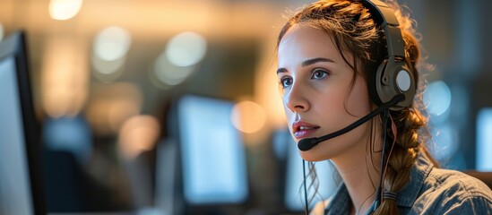 Portrait female customer service with computer and headset at call center an office. AI generated