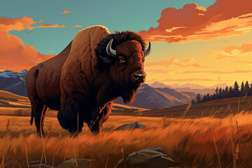 Immerse in nature's beauty with a bison in hyper-detailed realism, tonalist hues, and vivid saturation—crafted in a unique blend of cartoon realism and poster art.