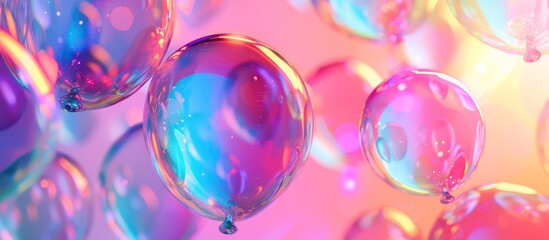 Colorful hologram transparent balloons on blur background. AI generated image