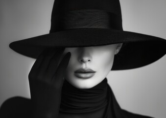 Elegant Lady in a Black Hat and Gloves, Fashionable Woman with a Black Hat and Gloves, Glamorous Model Wearing a Black Hat and Gloves, Sophisticated Female Dressed in a Black Hat and Gloves.