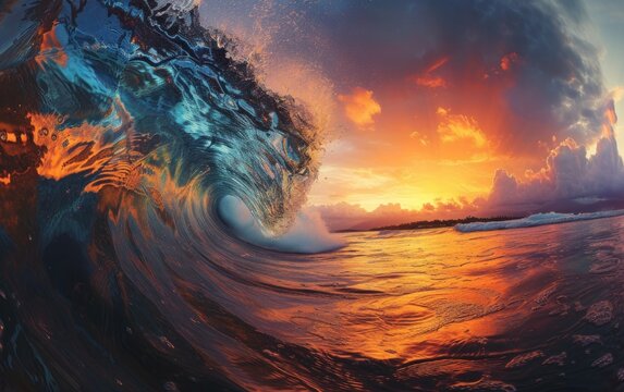 Sunset Surfing, Waves of Fire, Golden Hour at the Beach, Surfing Under a Blazing Sunset. © Jevjenijs