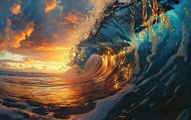 Sunset Surfing, Golden Wave at Sunset, Surfing the Sunset, Riding a Wave into the Sunset.