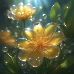 Kim Soo-ja, realistic, glass-flowered dewdrops, transparent glass-flowered, transparent glass-flowered, realistically expressing flowers, sparkling sunshine, one flower symbolizes breathtaking beauty,