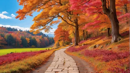 Poster Colorful trees and footpath road in autumn landscape in forest. autumn colors in the forest. colorful leaves of autumn in nature. autumn season in japan. colorful forest landscape. Rural landscape. © Junaid