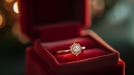 Engagement ring nestled in velvet box under soft light.