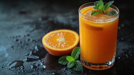 Sweet and Refreshing Orange Juice, Freshly Squeezed Orange Drink with a Twist of Mint, A Glass of Flavorful Orange Juice with a Touch of Mint Leaf, Cool and Delicious 