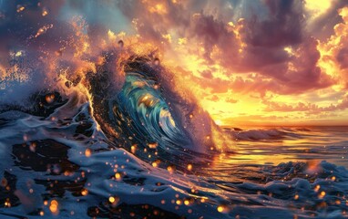 Sunset Surf, Wave of Light, Golden Ocean Waves, Surfing the Sunset.